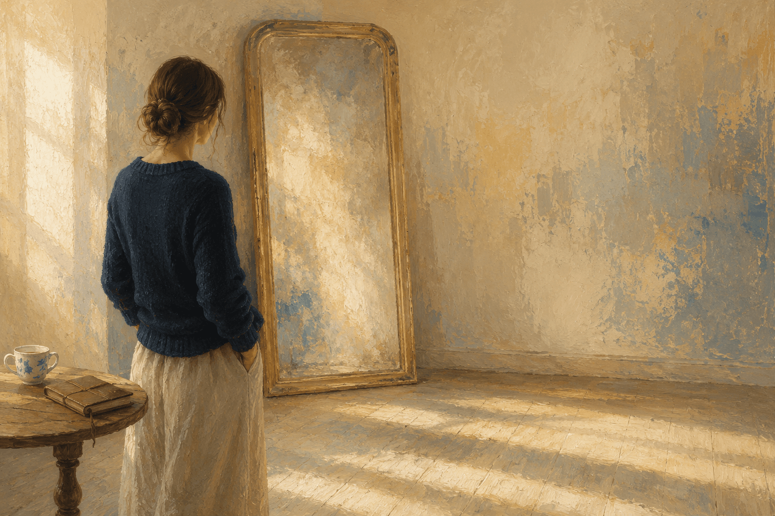 A figure in a navy knit standing before a tall, sunlit mirror in a quiet room, the moment of looking honestly at oneself.