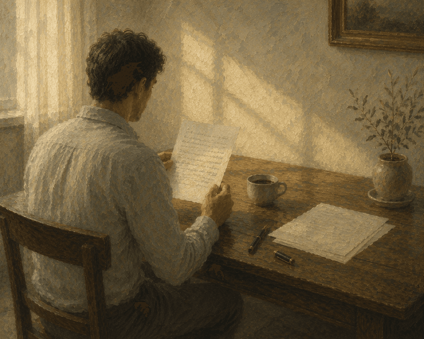 A figure at a sunlit wooden desk reading a single sheet of paper, in the moment of taking in an honest report.
