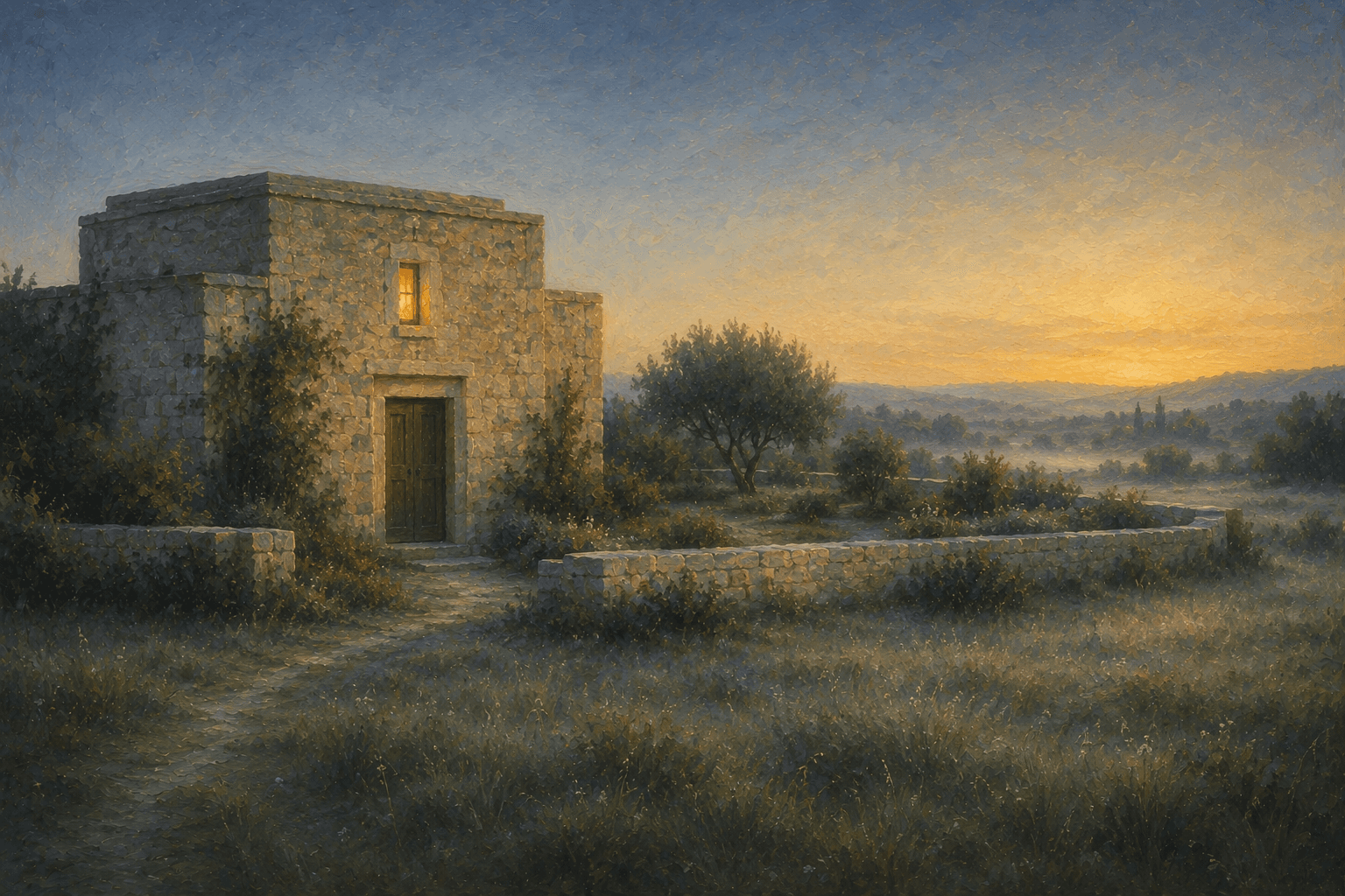 A small stone keep with a single warm-lit doorway, at dawn in a quiet meadow: protection by design rather than by force.