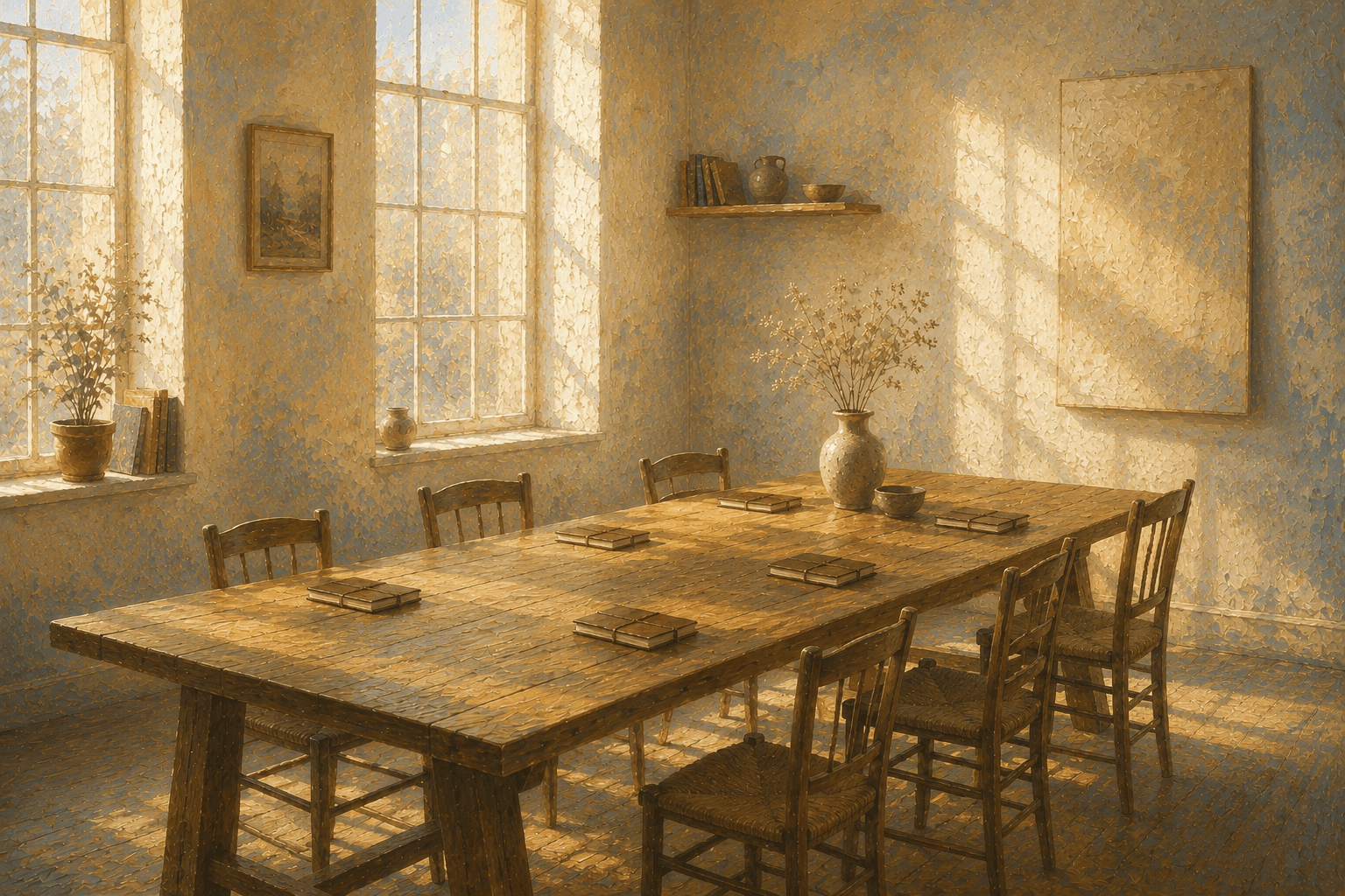A long oak table in a sunlit room with empty chairs and a closed journal at each place: a benefit set out for everyone, each one private.